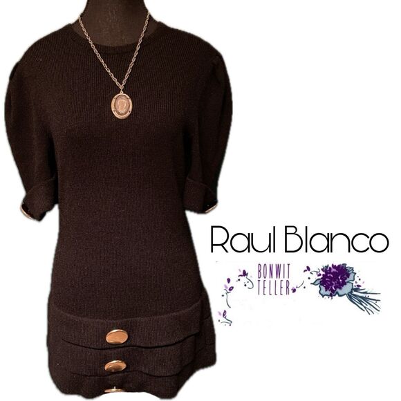 Vtg 80s Raul Blanco Bonwit Teller Hand Loomed Gold Button Blk Sweater Dress Sz 6 - Picture 4 of 13